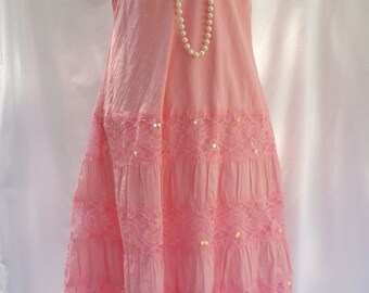 pink lace dress, beach wedding, pink wedding dress, pink summer dress, sequins flower appliques, long pink dress