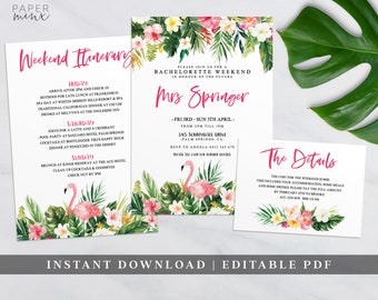 Tropical Bachelorette Weekend Invitation | Bachelorette Itinerary Template | Editable | Flamingo Hens Weekend | Hens Party | Tropical Palm