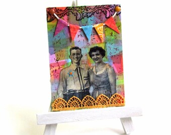 ACEO Mixed Media Original Art Card Mixed Media Collage Artist Card Multicolor Festive 1950s Couple