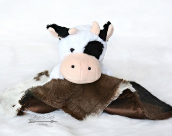 Cow Lovey with Plush Toy or Organic Wooden Teething Ring ~ Cow Print Faux Fur & Satin Baby Blanket ~ Cow Bubba, Satin Lovey
