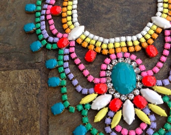 Custom Vintage Hand Painted Rhinestone Statement Necklace - Tom Binns look