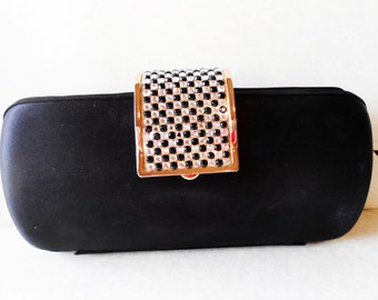 Vintage Evening Bag, Black Evening Bag, Rhinestone Trim, Beaded Handbag,Sparkly Purse, Black Clutch Bag, EB-0428