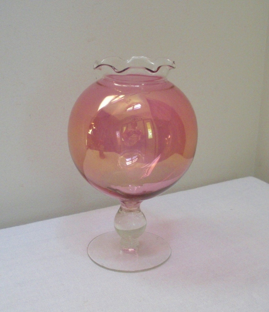 Vintage Pink Iridescent Glass Pedestal Rose Bowl