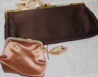 Chocolate silk satin clutch, vintage 1950's, mother of pearl inlay