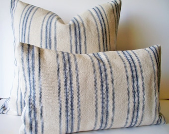 Grain Sack Pillow Cover, Blue Farmhouse Pillow Blue Cottage Pillow French Grain Sack 0