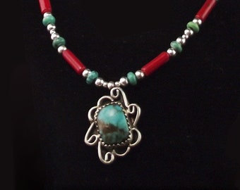 White Fox Creation: Navajo Sterling and Turquoise Pendant on Liquid Silver