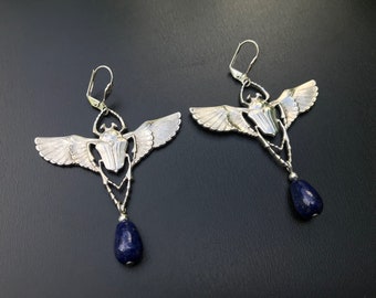 Flying Scarab Earrings With Lapis