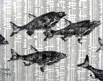 GYOTAKU fish Rubbing on stock market 8.5 X 11 quality print School of Fishing Business by artist Barry Singer