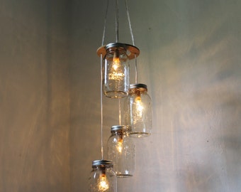 Mason Jar Chandelier, Hanging Mason Jar Pendant Lighting Fixture, 4 Quart Jars Spiral, Rustic BootsNGus Lighting & Decor, Bulbs Included