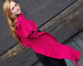Rococo Merino Wool Hand Knit Shawl in FUCHSIA, Luxurious Merino Wool Wrap, Women's Fall Winter Scarf Fashion, Hygge, Warm, Pink