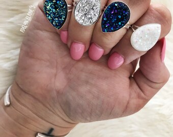 Druzy Teardrop Adjustable Druzy Rings - Dark Blue, Metallic Silver, Cobalt or Sparkly White