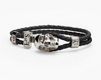 Skull Bracelet Black Silver with Black Leather (free shipping)