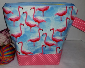 Large WIP Zipper Project Bag, Wedge Bag, Pink Flamingo & Blue Skies Zippered Project Bag, Knitting bag, Zipper