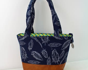 Lulu Medium Tote Bag - Navy Feathers with PU Leather - READY to SHIP Purse Shoulder Straps 3 pockets Handbag Washable