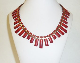 Vintage MATISSE RENOIR Red Enamel Copper Necklace Modernist Statement Bib Signed Designer Choker