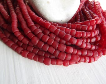 red glass seed bead, matte barrel tube, small ethnic spacer , indonesian 3 to 6mm, new indo-pacific (22 inches)7ab29-13