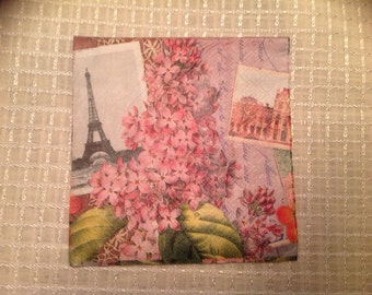 Paper napkin for decopage. Springtime in paris. 3 ply. 4 7/8" x 4 7/8" per square. Open 9 3/4" x 9 3/4".