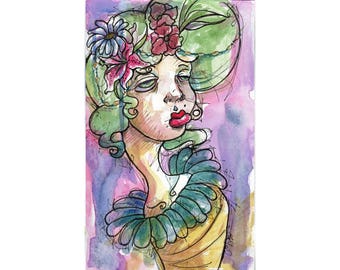 Original Watercolor Illustration -flower wrap Art by Ela Steel - green, purple, yellow strange lowbrow art