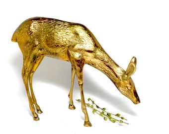 Large Brass Deer Figurine, Doe, Fawn, Brass Deer Grazing, Large Brass Deer Display, Woodland Decor