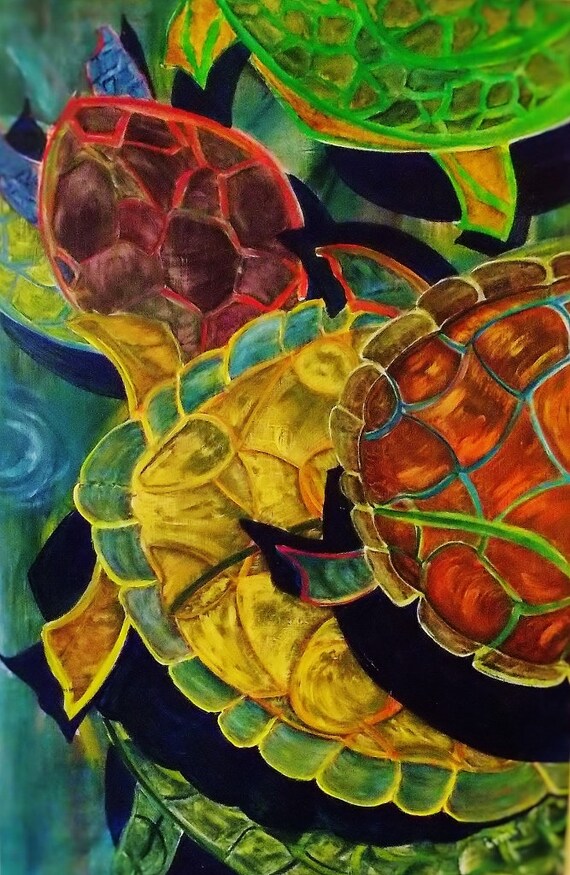 Turtle Party Original Abstract Painting on Birch Wood Panel