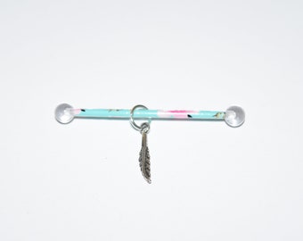 Blue Orchid/Feather Feather Industrial Barbell, Industrial Barbell Piercing, 14 Gauge, Rose Barbell, Upper Ear, Cartilage Piercing (38mm)