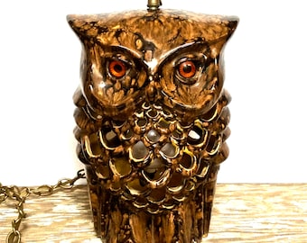 Swag Light Ceramic Owl 2-Sided, Mid Century Splatter Glaze, Retro lighting
