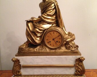 Antique Bronze Clock French Mantle Figural Marble Clock Heavy 44 Lb Circa 1850