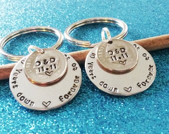 10 Year Anniversary Keychains, Couples Keychains, Anniversary for him, Anniversary for Men, Anniversary for Husband, Gift for husband, Dime