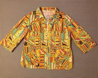 1960's, no close, three quarter, bell sleeve, collar, smock shirt, in psychedelic print, Women's size Medium/Large