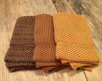 Dishcloths Knit in Cotton in Saffron, Orange/Mustard/Leek and Dk Brown/Acorn/Goldenrod, Knit Dishcloth, Knit Washcloth, Dish Cloth