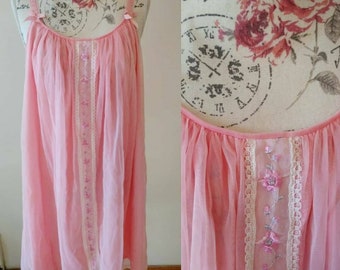 vintage 1960s pink babydoll with floral embroidery