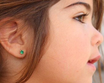 May Birthstone Gift, 4mm Emerald Stud Earrings, Sterling Silver, Round Cut Gemstone, May Birthday Gift