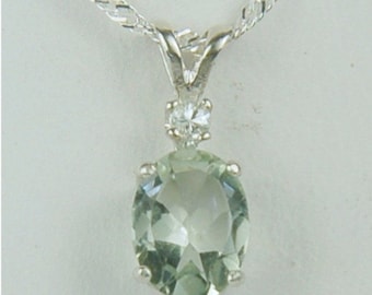 Prasiolite Necklace Sterling Silver Green Amethyst 9x7mm Oval 1.70ct With White Sapphire Accent