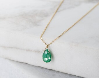 Emerald Necklace, Birthstone Necklace, 14K Gold Necklace, Yellow Gold, May Birthstone, Emerald Drop, Gold Chain Necklace, Birthday Gift