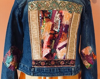 Well Traveled Bohemian Upcycled Jean Jacket Size M