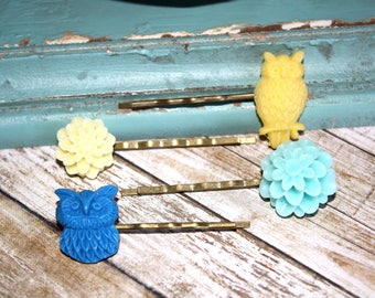 Owl Hair Pins, Floral Hair Accessories, Owl Cabochon, Flower Hair Pins, Set of 4 Bobby Pins/clip