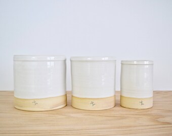Basic ceramic utensil crock. Handmade, one-of-a-kind. Kitchen storage, counter styling. Wedding registry, housewarming or hostess gift.