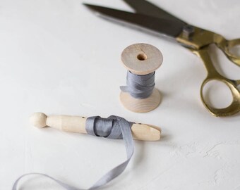 Gray Hand-Dyed Silk Ribbon (with Wooden Spool) - 5 yards - 1/4" wide