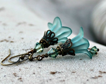 Frosted Teal Lucite Flower Earrings, Bohemian, Swarovski, Antique Brass, Clip on or Pierced