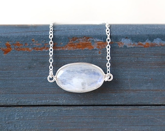 Horizontal Moonstone Oval Sterling Silver Gemstone Bar Necklace // Simple everyday layering jewelry