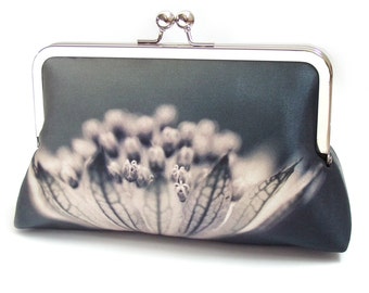 Flower clutch bag, silk purse, monochrome bag, black, grey, woodland wedding, flower petals, Astrantia