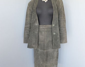 1980s Women's Suede Leather Suit, Olive Green Two Pc. Skirt & Jacket, DEERSKIN TRADING POST, Professional, size 14