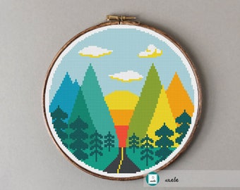 Road to mountains cross stitch pattern, modern cross stitch pattern, PDF, instant download