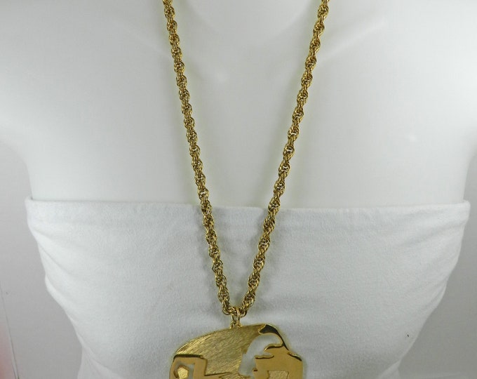 Brutalist Necklace Large Modern Art Abstract Gold Pendant Long Chain Dangling Charms Brushed Metal Shiny Gold Tone Statement Jewelry Gift