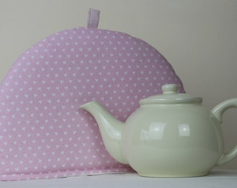 Large Tea Cosy Cozy. Brand New Made in England. White Hearts on Pink Cotton Fabric