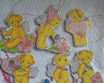 Vintage Die Cut Sweetheart Bears Hanging Decorations Package Tie-Ons Favors Crafts Altered Art New Old Stock Package of Six (6)