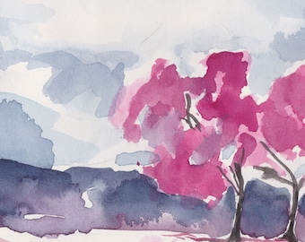 Watercolor Painting Abstract Landscape - 5 x 7 Purple and Pink Giclee Fine Art Print