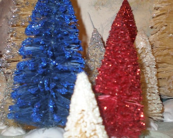Color Sisal tree trio: red, blue, white bottle brush trees