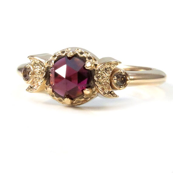 Gold Moon Ring - Rose Cut Garnet and Champagne Diamonds - Yellow Gold Modern Jewelry