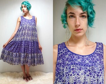 INDIAN GAUZE Dress COTTON Gauze Dress Cotton Dress Gypsy Dress Floral Sundress Boho Dress 70s Dress Hippie Dress Vintage Maternity Dress